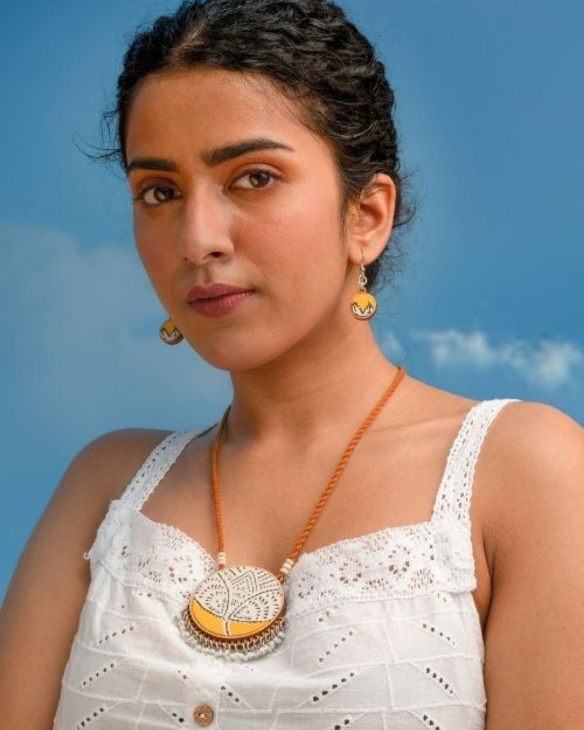 WHE Yellow Repurposed Fabric and Wood Danglers