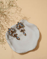 WHE Blue White Bloom Repurposed Fabric and Wood Leaf Dangler