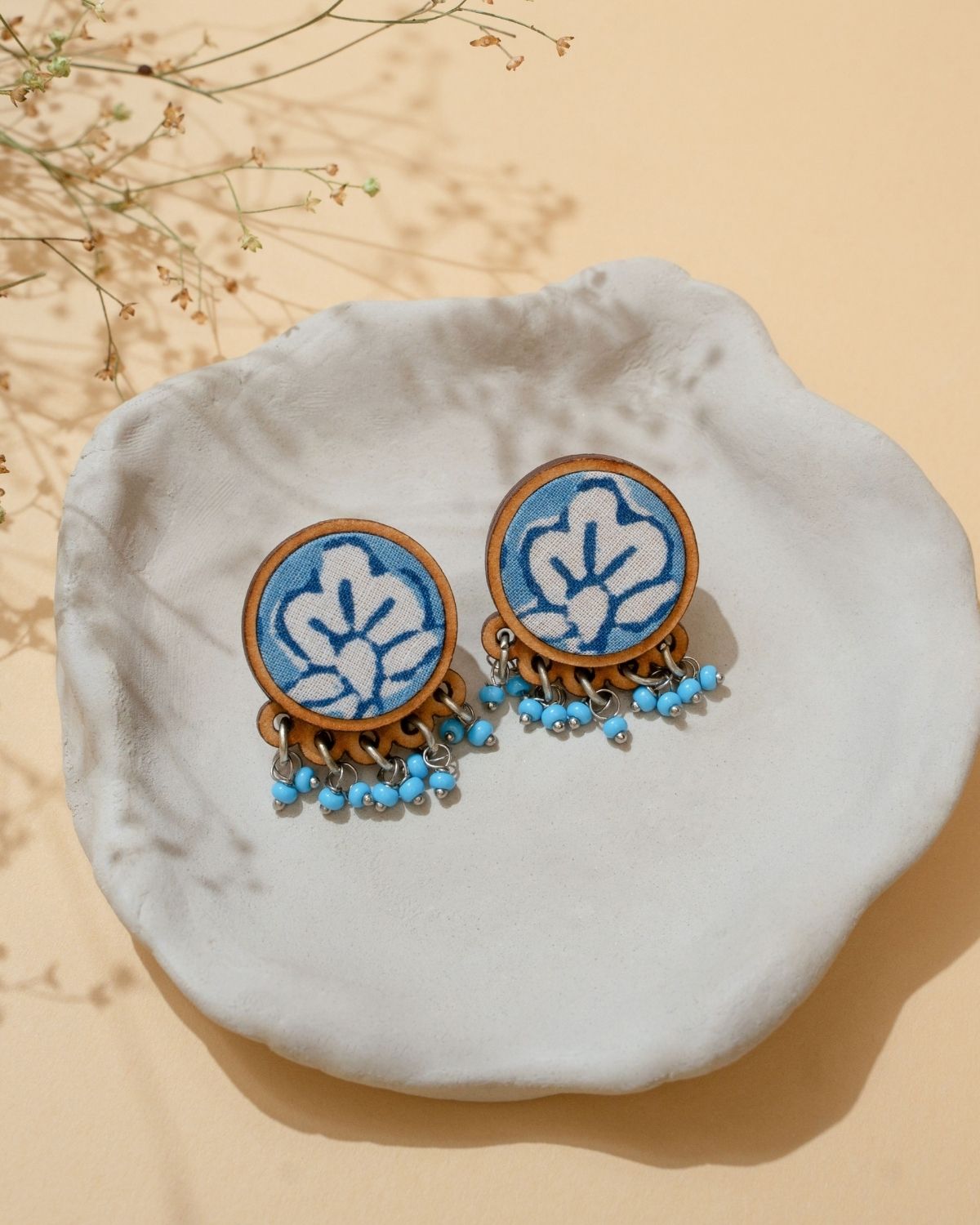 WHE Blue Repurposed Fabric and Wood Round Studs