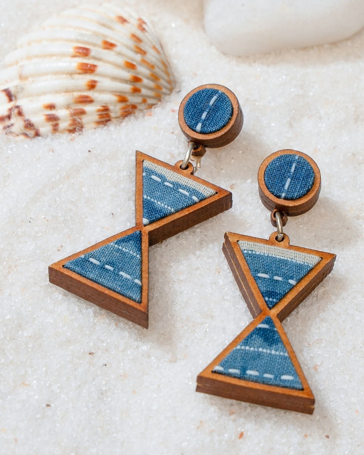 WHE Shades of Indigo Blue Warli Inspired Repurposed Fabric and Wood Earrings