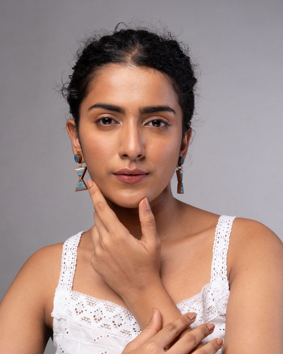 WHE Shades of Indigo Blue Warli Inspired Repurposed Fabric and Wood Earrings