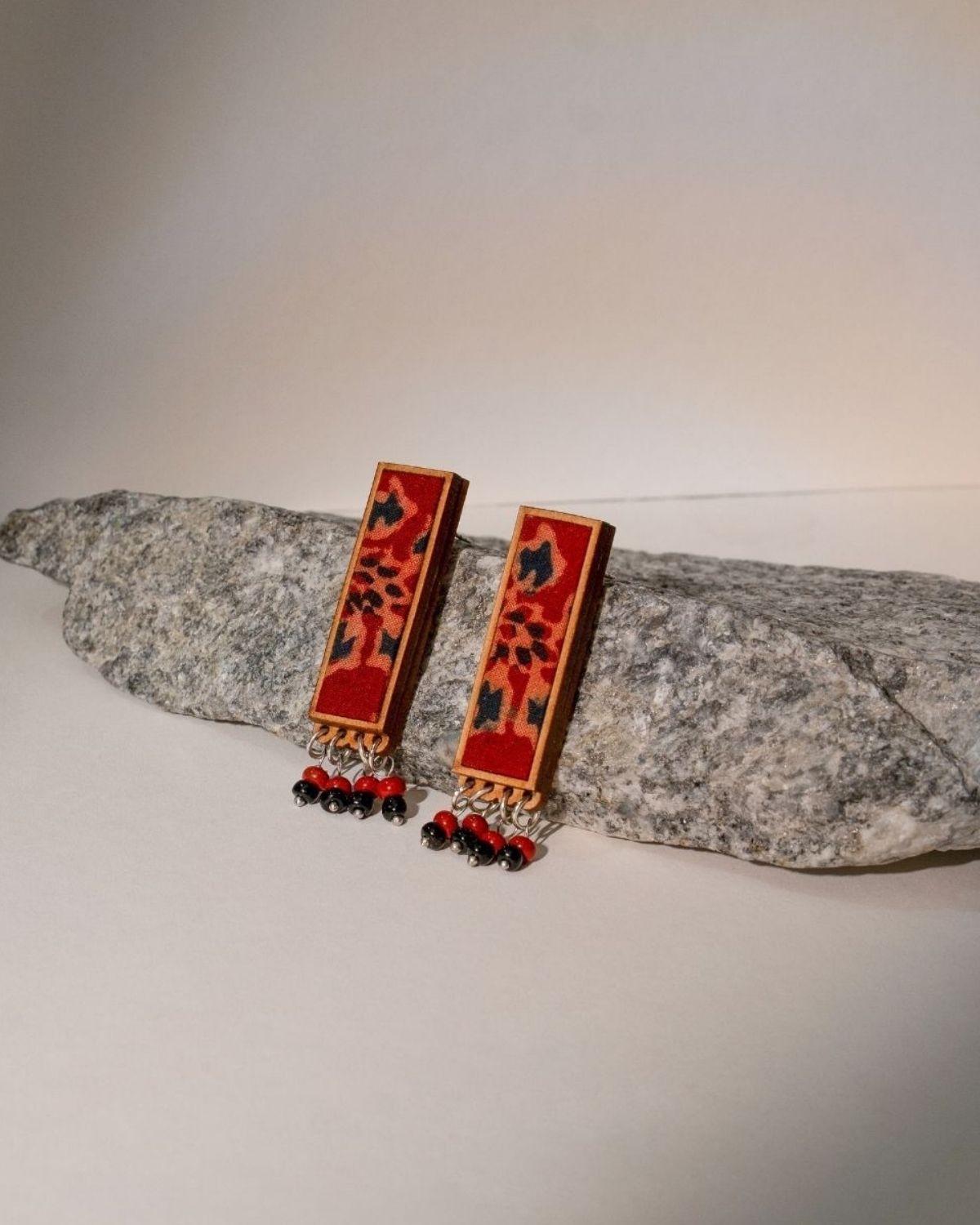 WHE Red Ajrakh Repurposed Fabric and Wood Studs with Beads