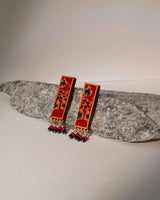 WHE Red Ajrakh Repurposed Fabric and Wood Studs with Beads