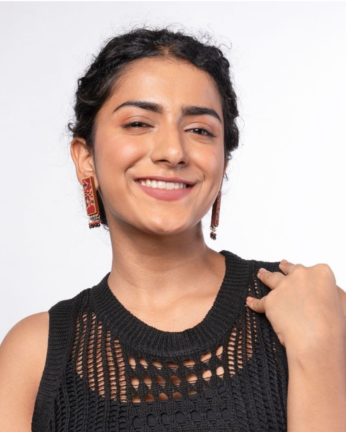 WHE Red Ajrakh Repurposed Fabric and Wood Studs with Beads