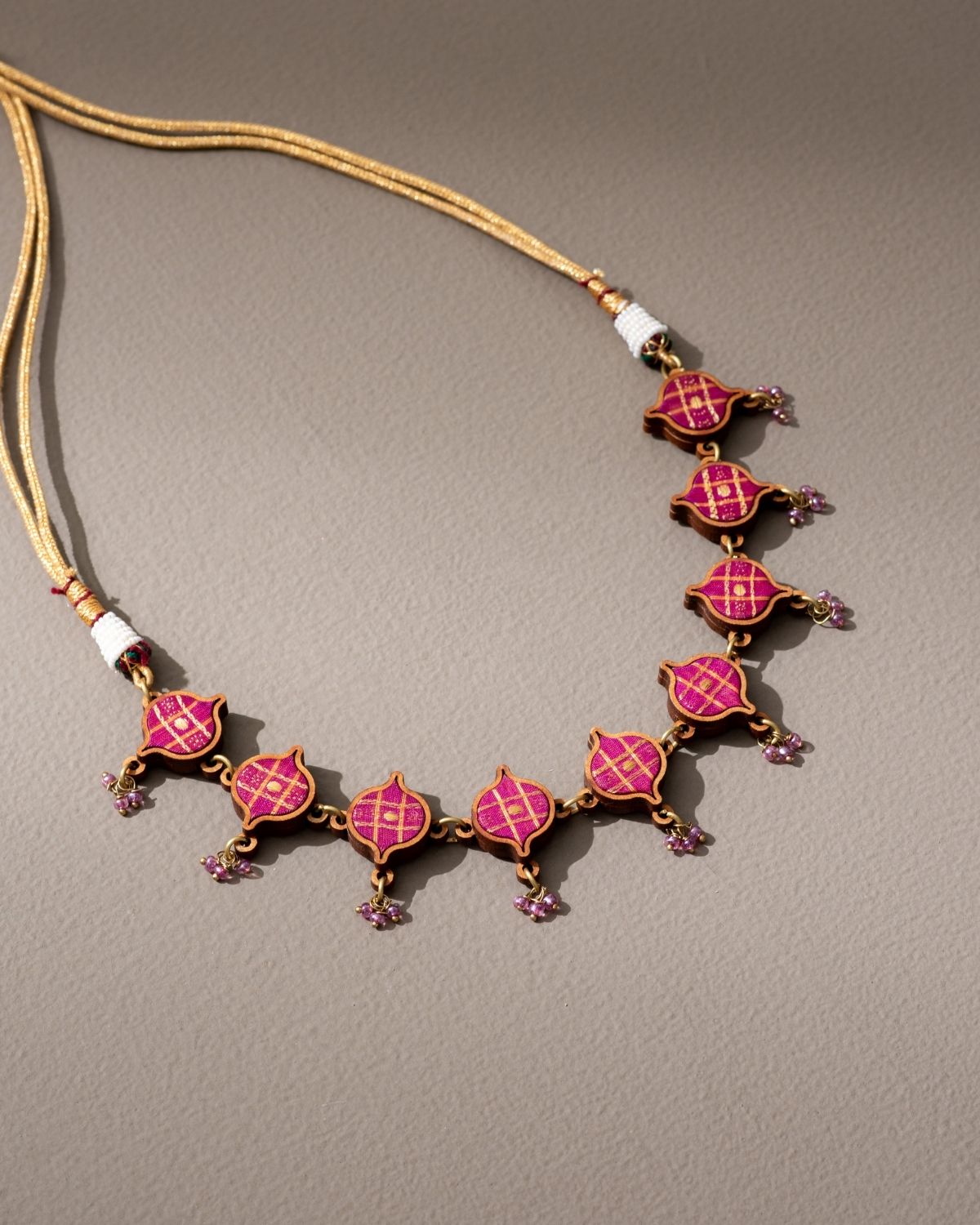 WHE Pink Festive Repurposed Fabric and Wood Choker