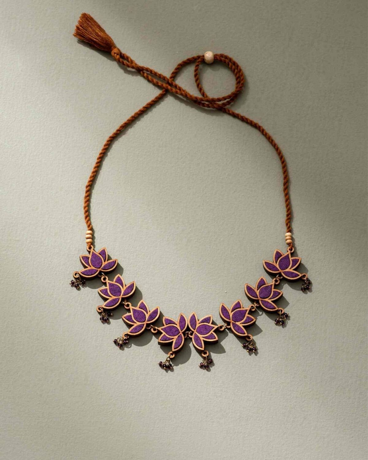 WHE Purple Lotus Repurposed Fabric and Wood Statement Choker