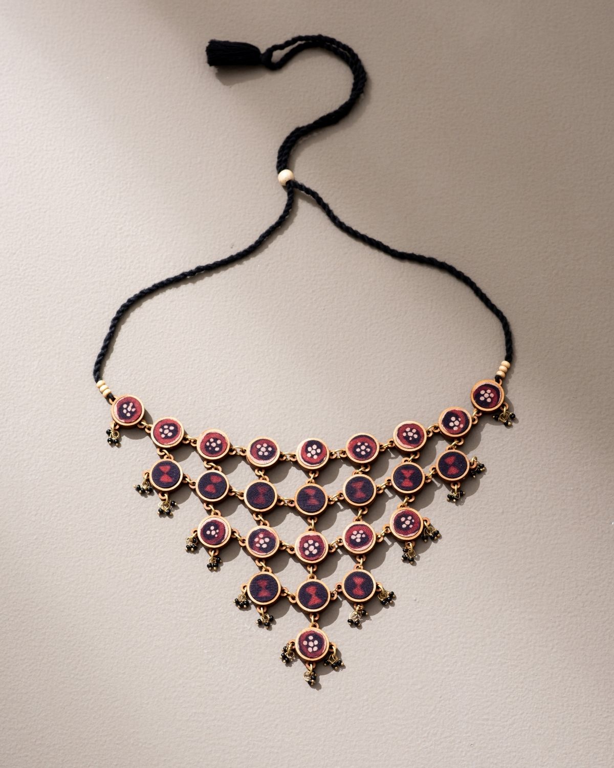 WHE Red and Black Repurposed Fabric and Wood Adjustable Statement Necklace