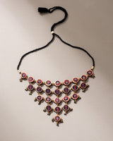 WHE Red and Black Repurposed Fabric and Wood Adjustable Statement Necklace