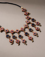 WHE Red and Black Multi Layered Repurposed Fabric and Wood Necklace