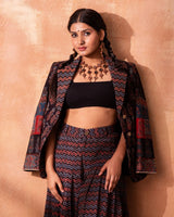 WHE Red and Black Multi Layered Repurposed Fabric and Wood Necklace