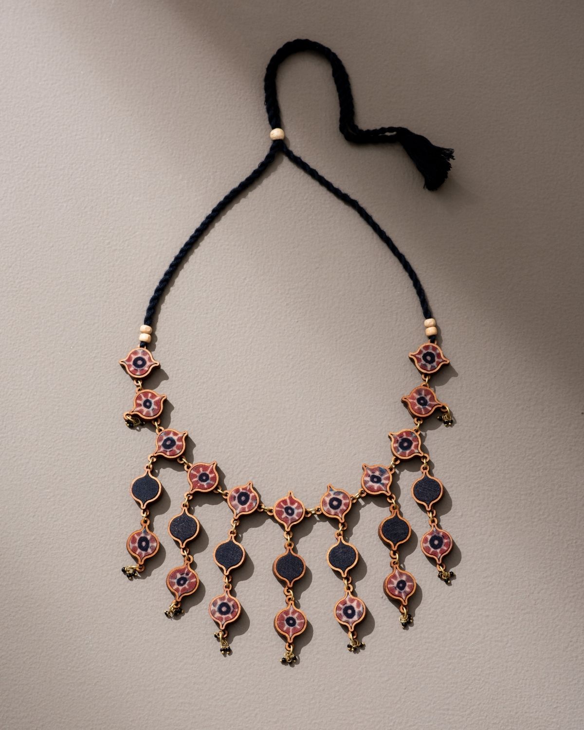WHE Red and Black Multi Layered Repurposed Fabric and Wood Necklace