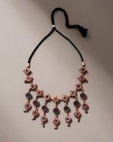 WHE Red and Black Multi Layered Repurposed Fabric and Wood Necklace