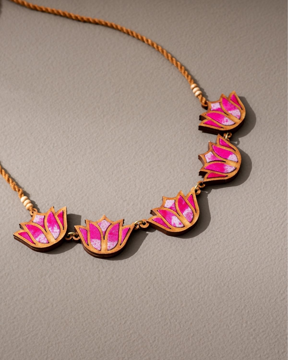 Whe Shades of Pink Bloom Lotus Repurposed Fabric and Wood Necklace
