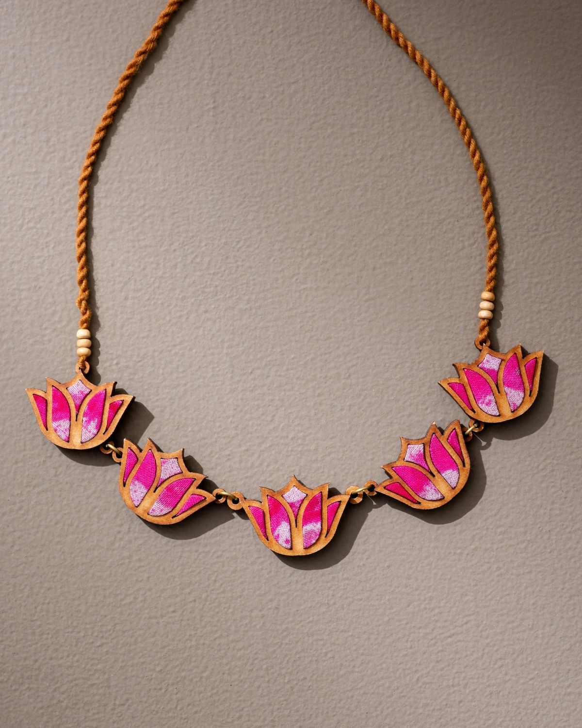 Whe Shades of Pink Bloom Lotus Repurposed Fabric and Wood Necklace