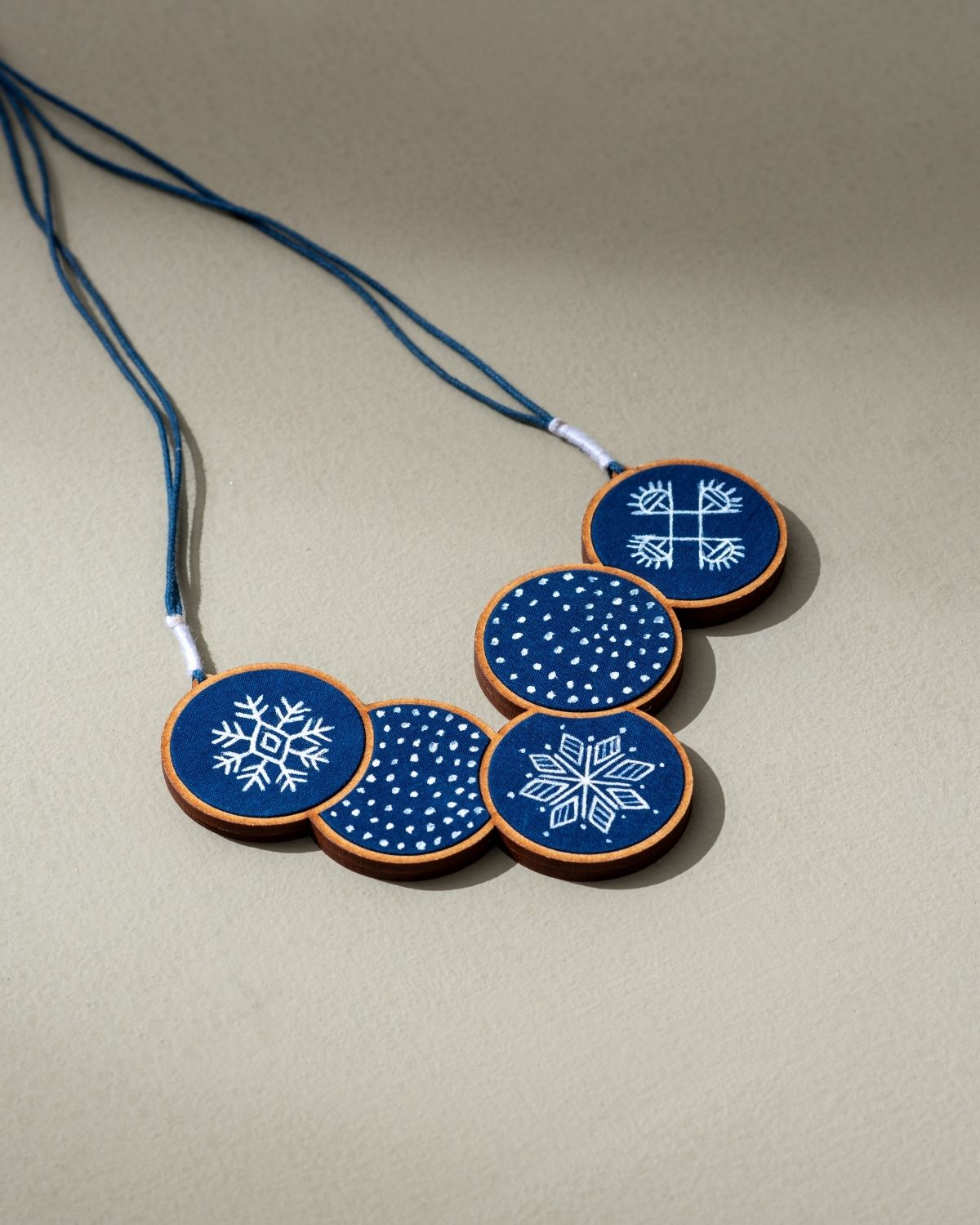 WHE Hand Painted Connected Circle Repurposed Fabric and Wood Necklace