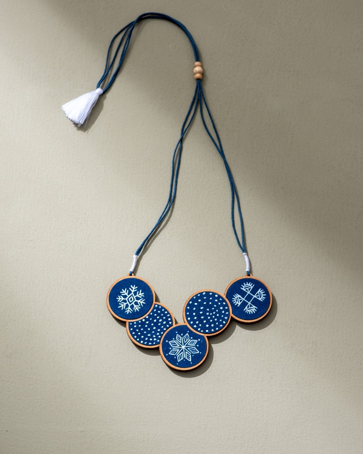 WHE Hand Painted Connected Circle Repurposed Fabric and Wood Necklace
