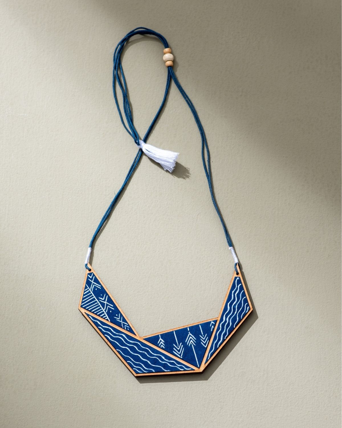 WHE Hand Painted Blue Connecting Triangle Repurposed Fabric and Wood Necklace