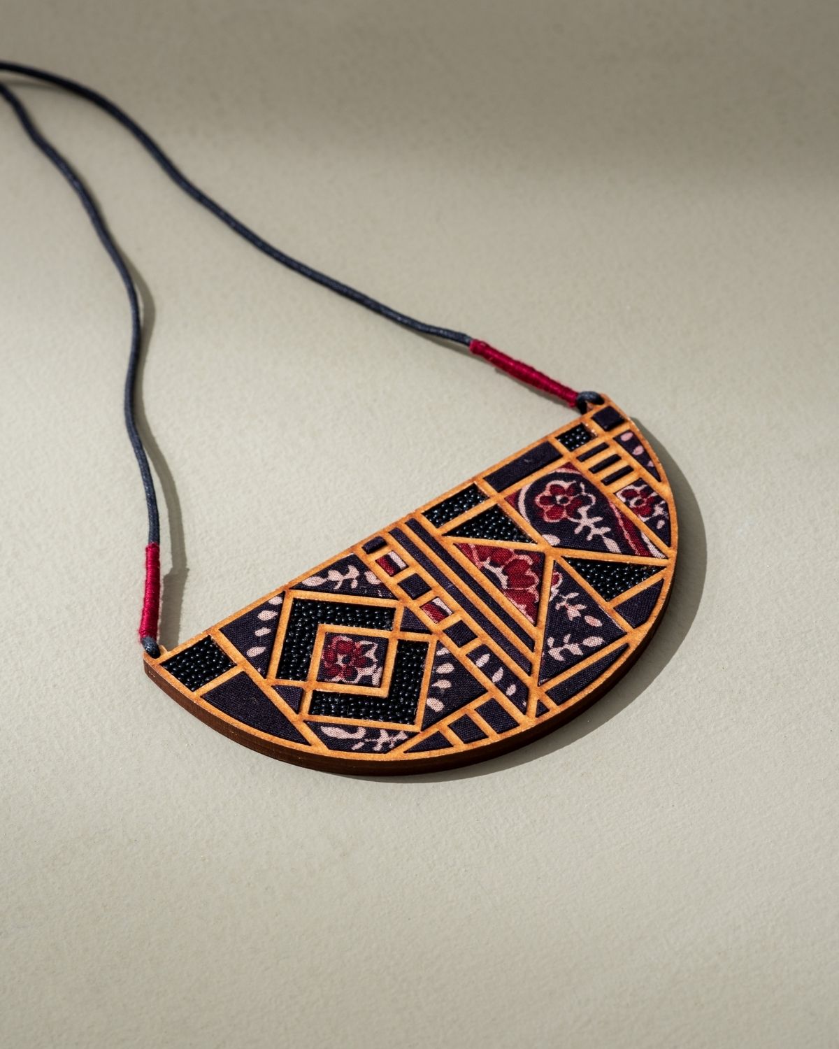 WHE Black Repurposed Ajrakh Fabric and Repurposed Wood Maze Necklace