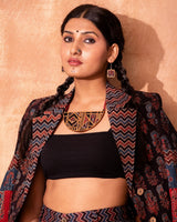 WHE Black Repurposed Ajrakh Fabric and Repurposed Wood Maze Necklace