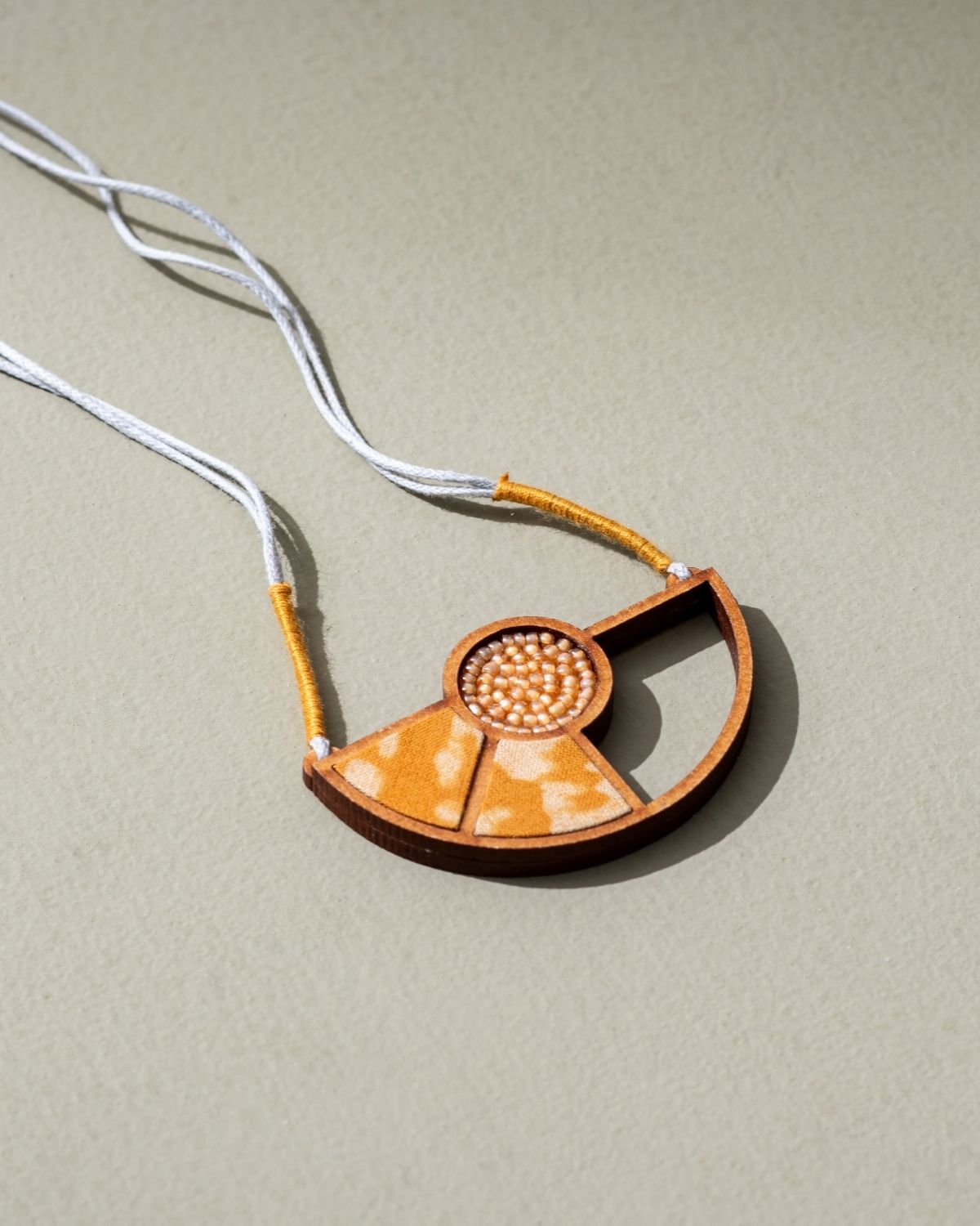 WHE Yellow Geometrical Repurposed Fabric and Wood Adjustable Pendant Necklace