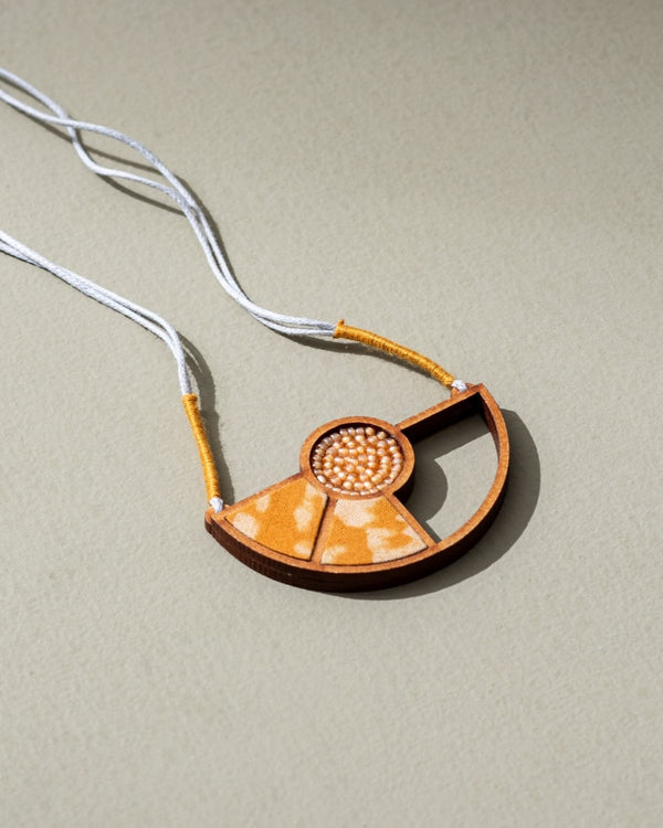 WHE Yellow Geometrical Repurposed Fabric and Wood Adjustable Pendant Necklace