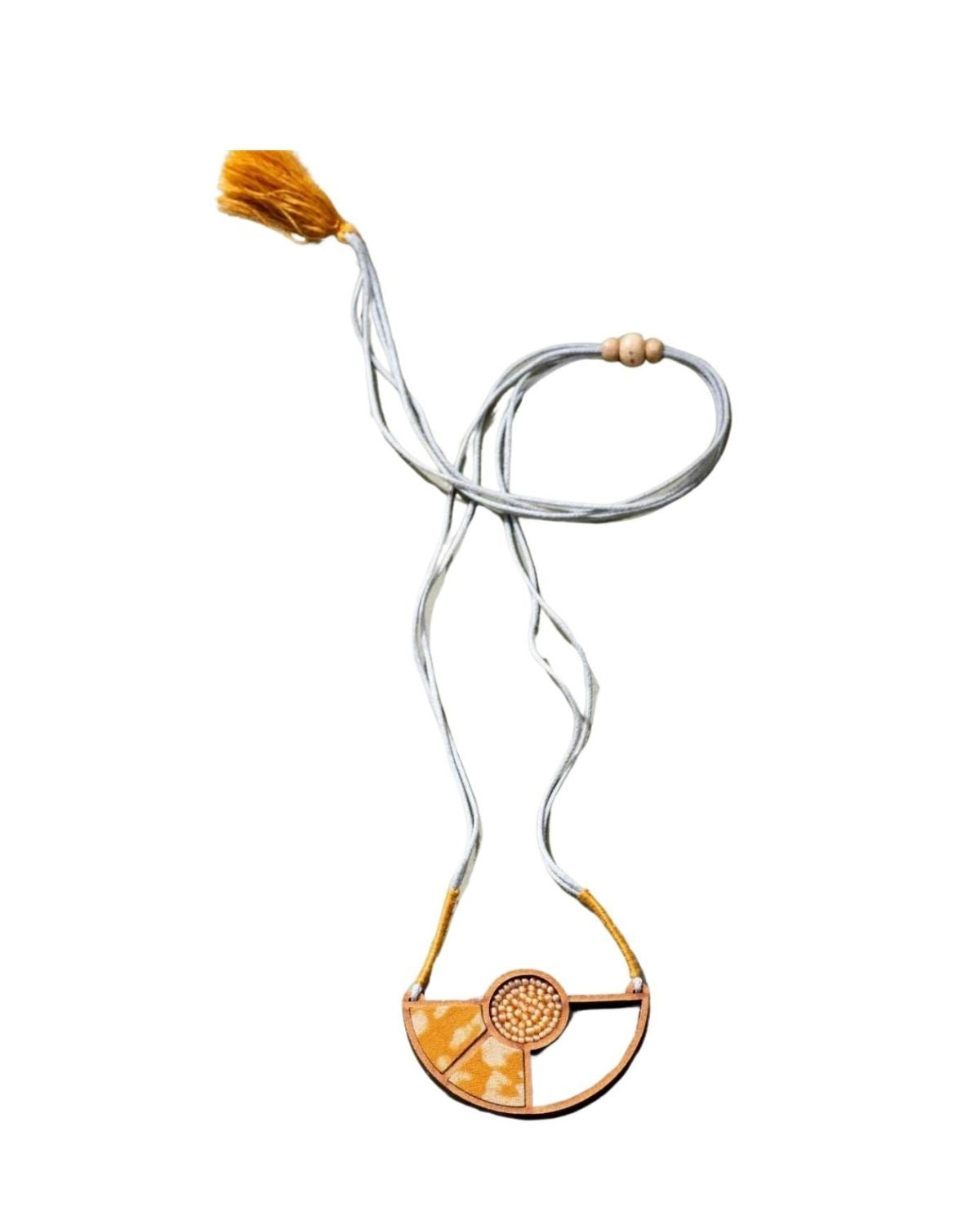WHE Yellow Geometrical Repurposed Fabric and Wood Adjustable Pendant Necklace