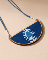 WHE Indigo Repurposed Fabric and Wood Semi Circle Necklace