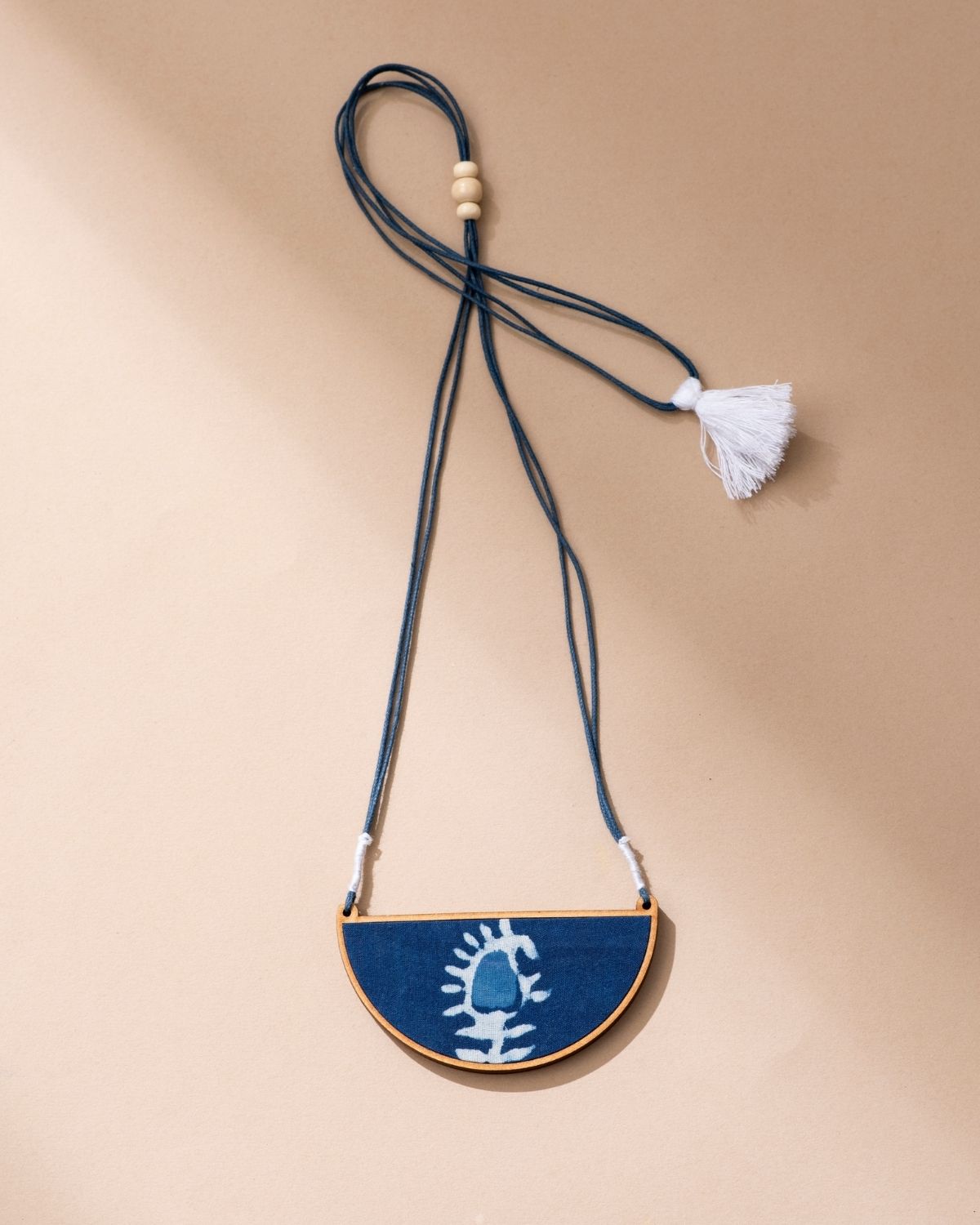 WHE Indigo Repurposed Fabric and Wood Semi Circle Necklace