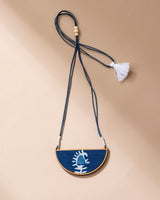 WHE Indigo Repurposed Fabric and Wood Semi Circle Necklace