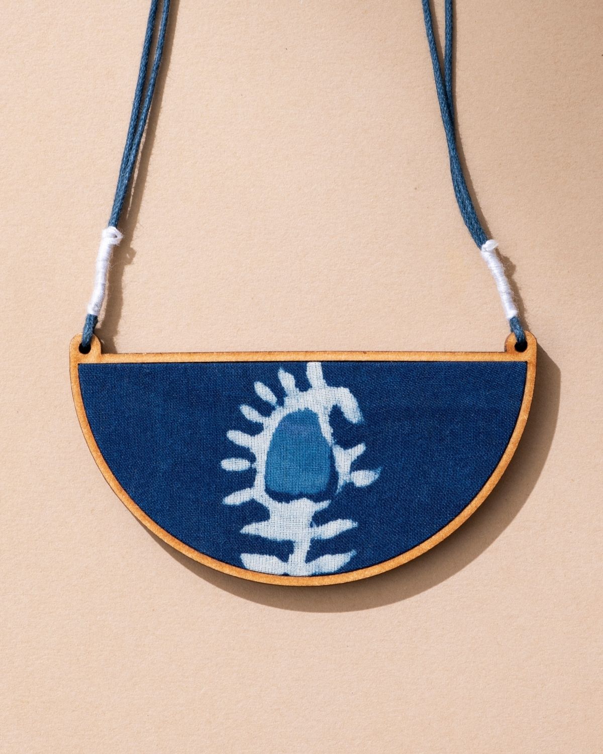 WHE Indigo Repurposed Fabric and Wood Semi Circle Necklace