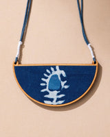 WHE Indigo Repurposed Fabric and Wood Semi Circle Necklace