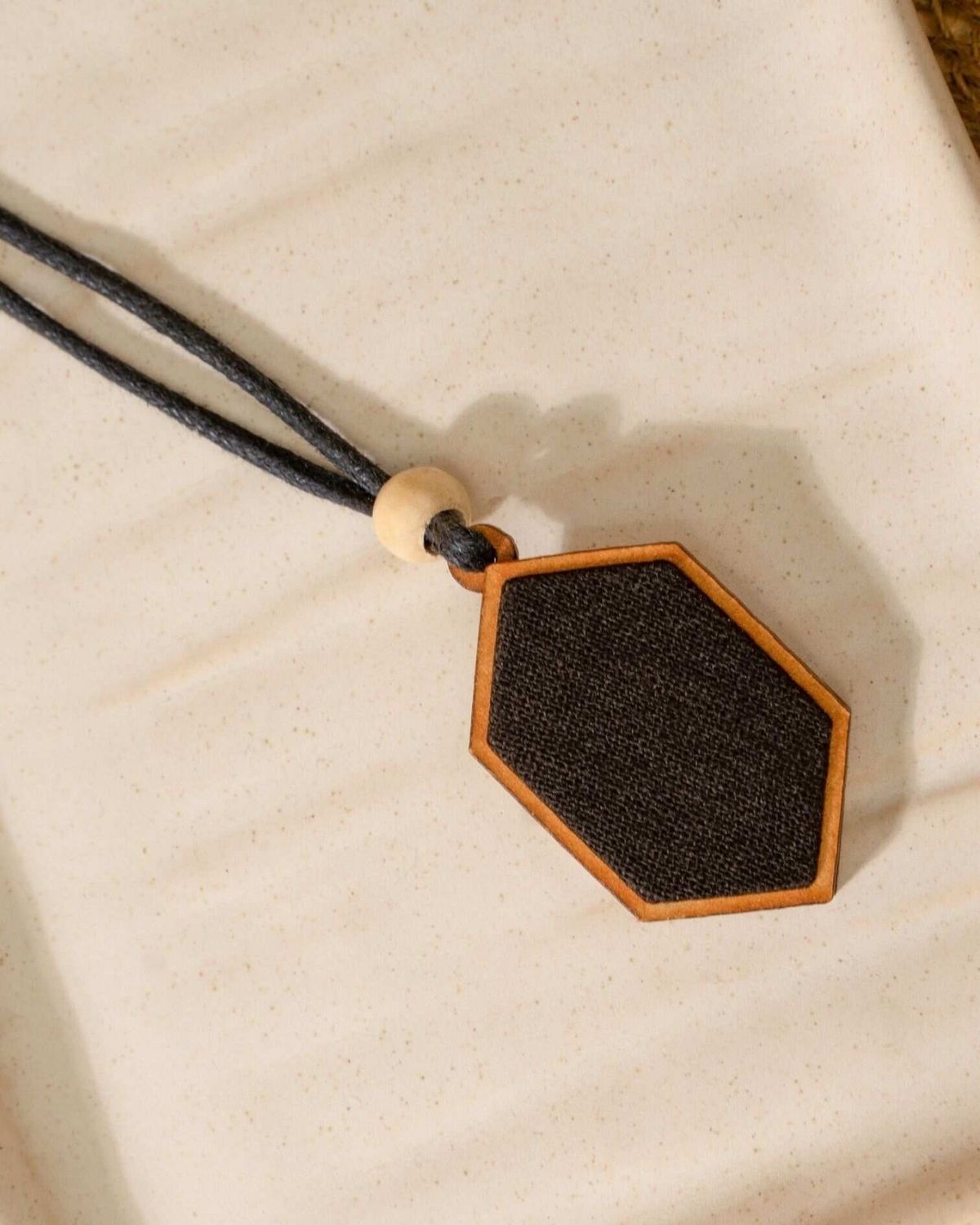 WHE Unisex Black Repurposed Fabric and Wood Pendant