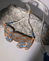 WHE Blue Bloom Leaf Motif Repurposed Fabric and Wood Necklace