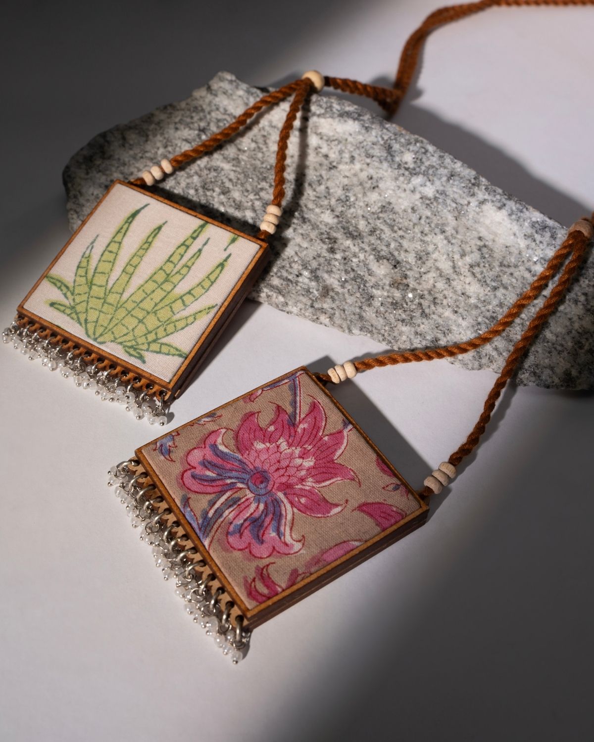 WHE Two in One Floral Pink and Green Square Repurposed Fabric and Wood Pendant