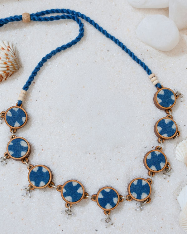 WHE Indigo Blue Repurposed Fabric and Wood Choker