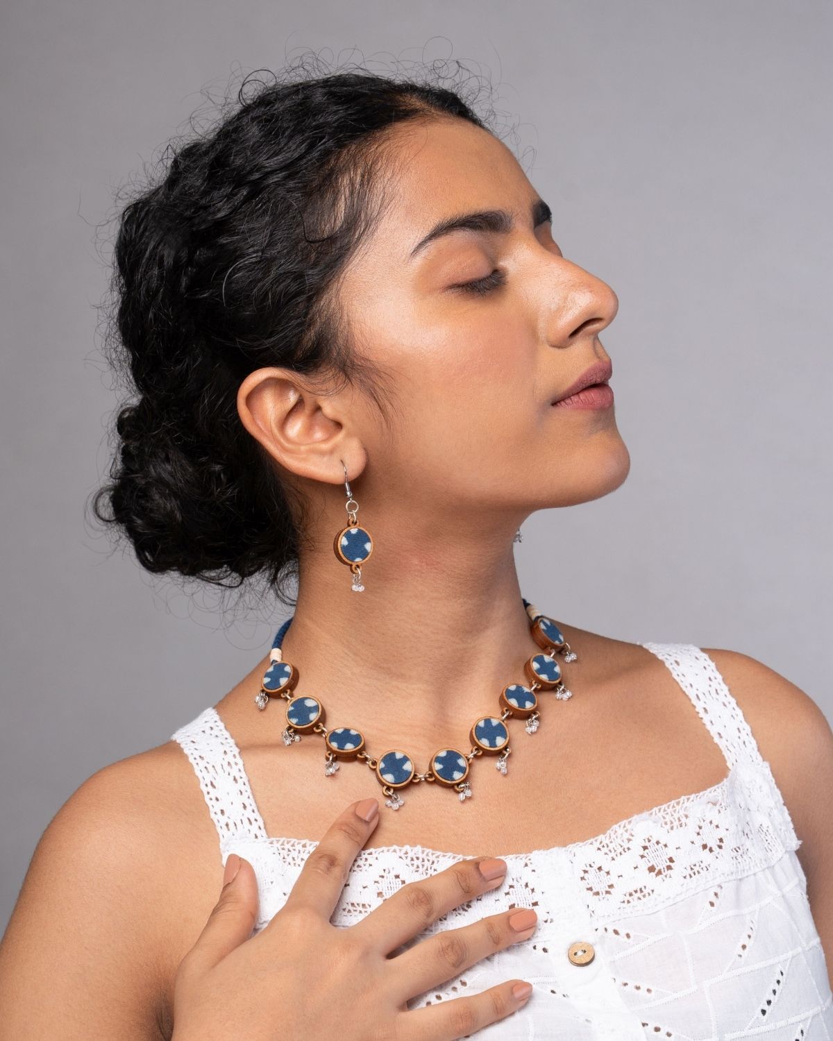 WHE Indigo Blue Repurposed Fabric and Wood Choker