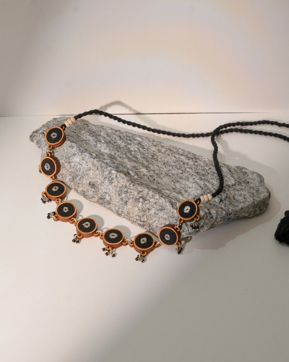 WHE Black Repurposed Fabric and Wood Necklace
