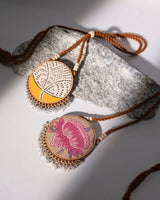 WHE Two in One Pink Yellow Repurposed Fabric and Wood Round Pendant