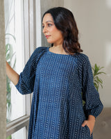 Chaaya Indigo Block Printed Dress With Raglan Sleeves