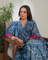 Chaaya Indigo Block Printed Dress With Flared Sleeves