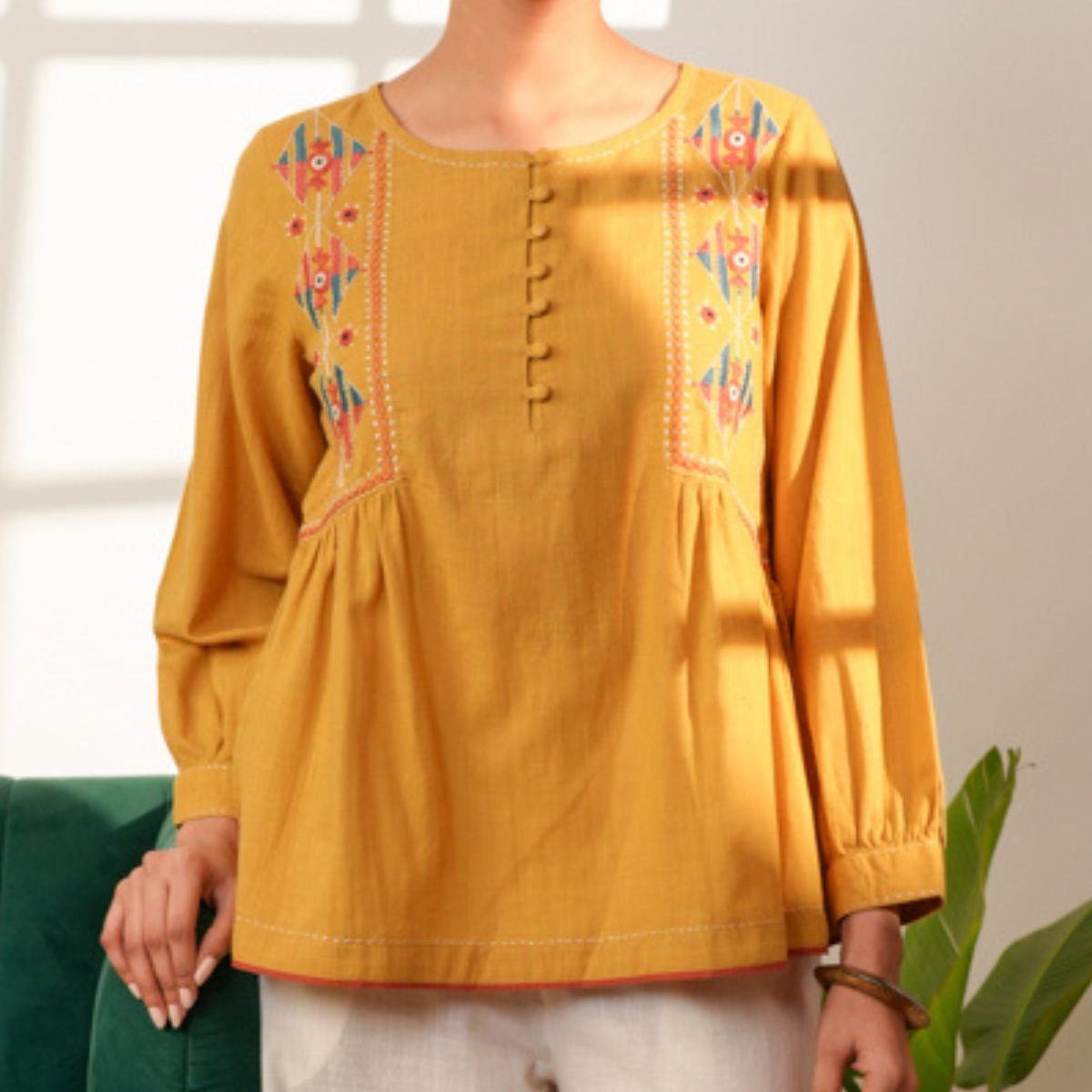 Paheli Mustard Side-Gather Cotton Top With Pakka Hand Embroidery