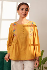 Paheli Mustard Side-Gather Cotton Top With Pakka Hand Embroidery