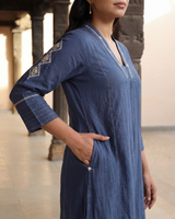 Dhwani Blue A-Line Cotton Kurta With Dessert Hand Embroidery