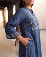 Dhwani Blue Kalidaar Cotton Kurta With Dessert Hand Embroidery