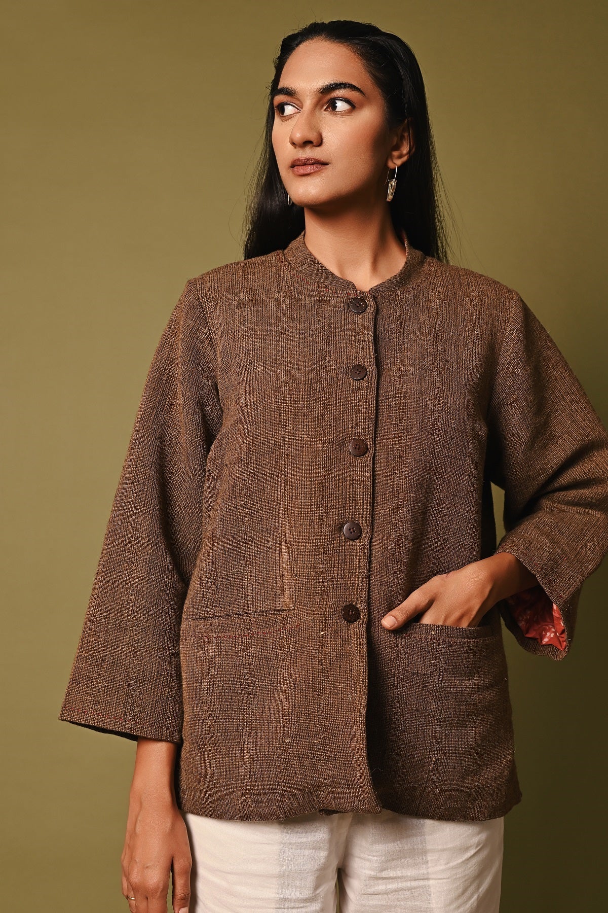 Dhaani Handwoven Brown Full Sleeve Woolen Jacket