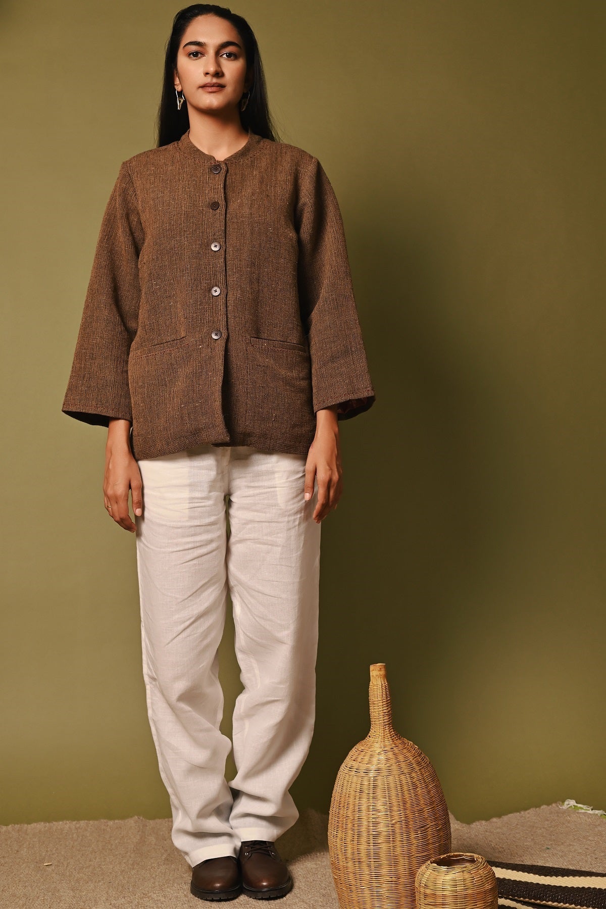 Dhaani Handwoven Brown Full Sleeve Woolen Jacket