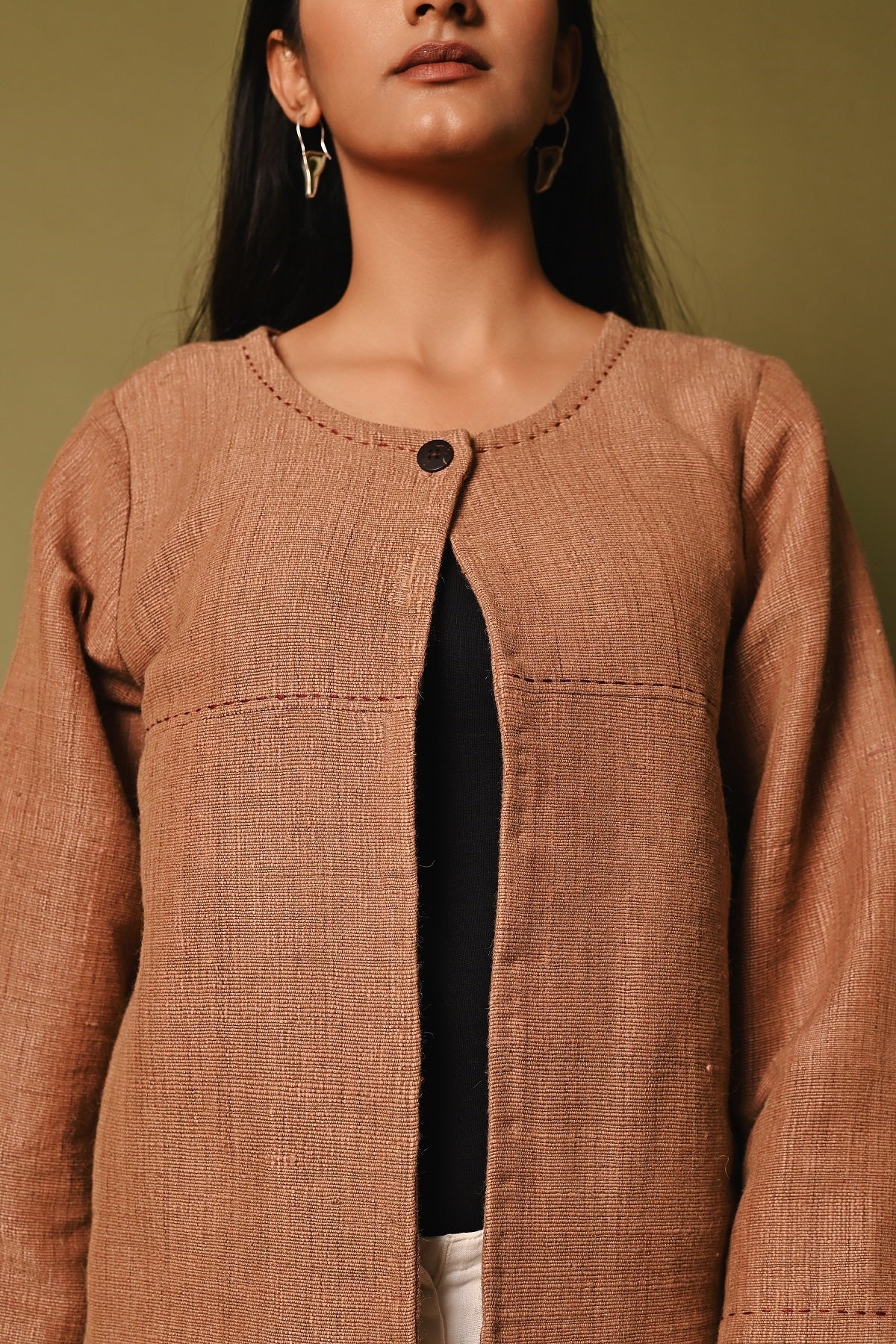 Dhaani Pink Handwoven Round Neck Woolen Jacket