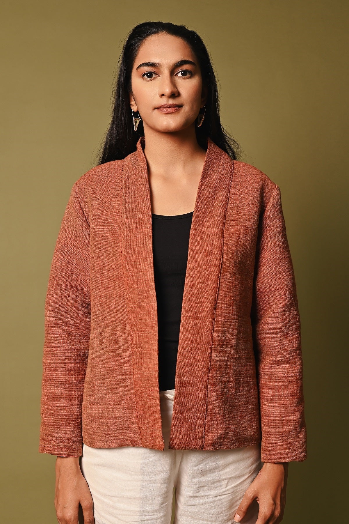 Dhaani Red Handwoven Shawl Collar Woolen Jacket