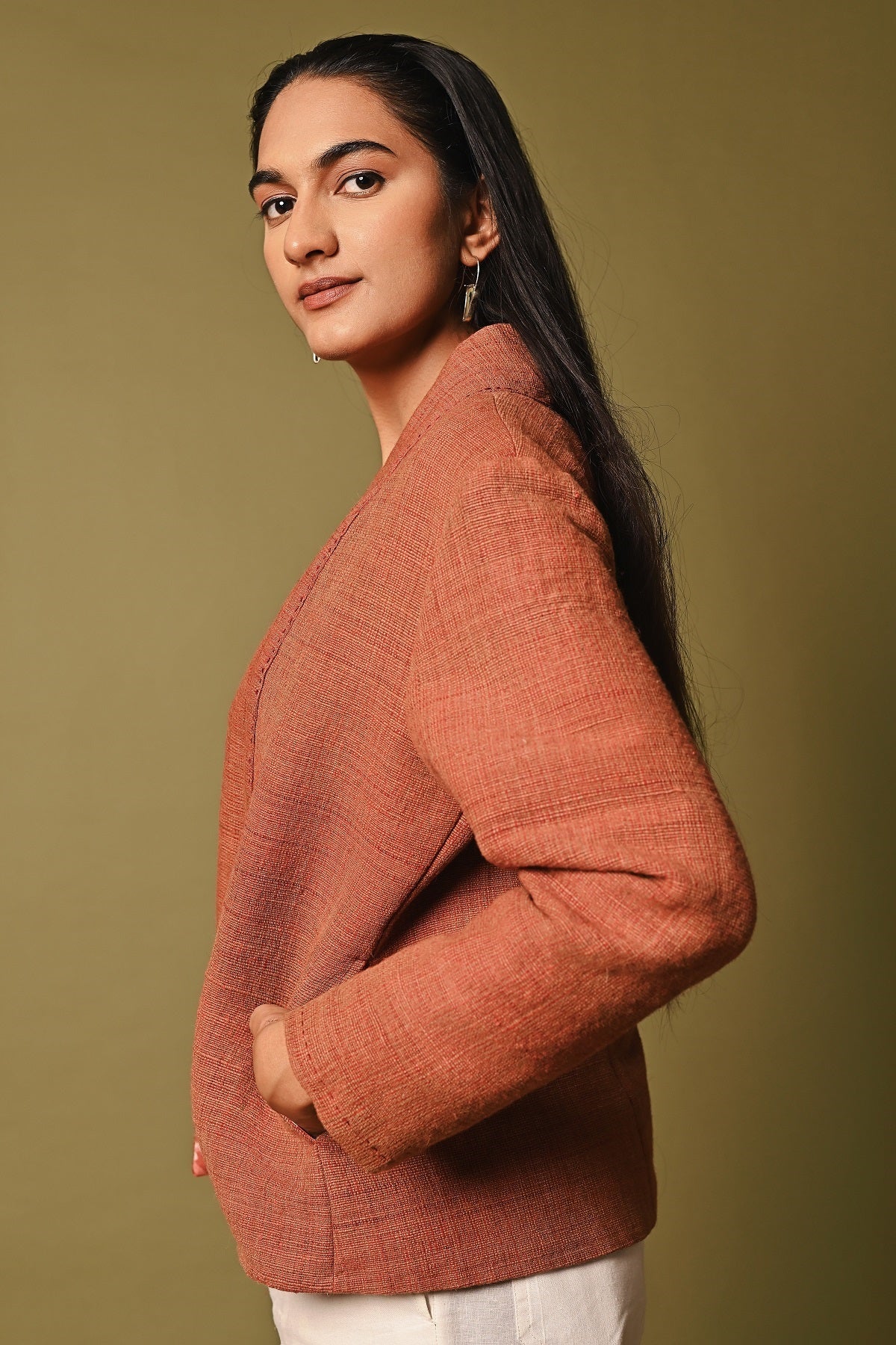 Dhaani Red Handwoven Shawl Collar Woolen Jacket