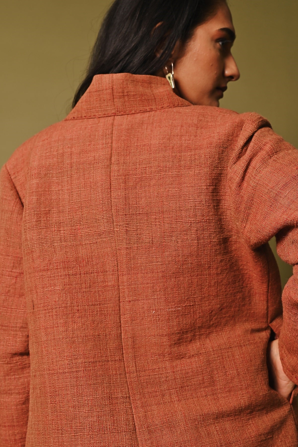 Dhaani Red Handwoven Shawl Collar Woolen Jacket